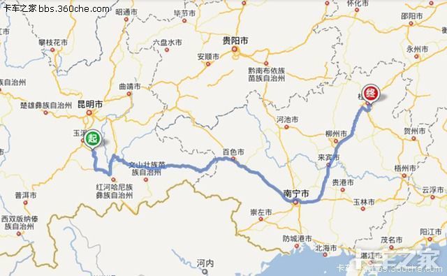 这一趟的行程是从云南通海县拉蔬菜到桂林的五里店果蔬批发市场,总图片